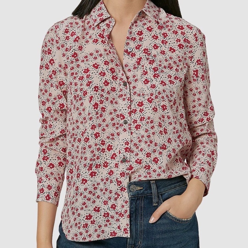 Equipment Femme Leema Silk‎ Floral Print Button Down Shirt Red Pink Long Sleeve